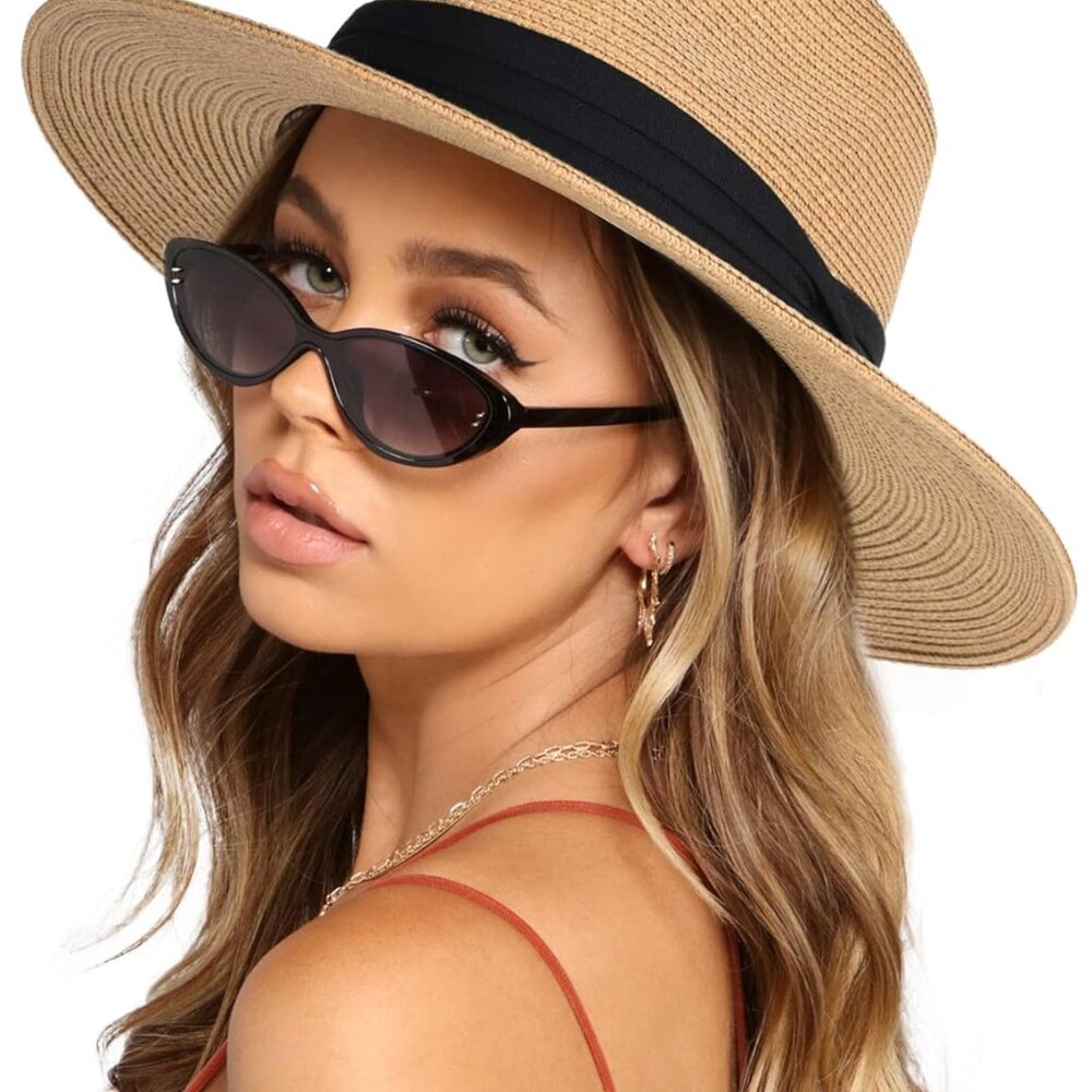 Womens Mens Wide Brim Straw Panama Hat Fedora Summer Beach Sun Hats Upf Straw Ha